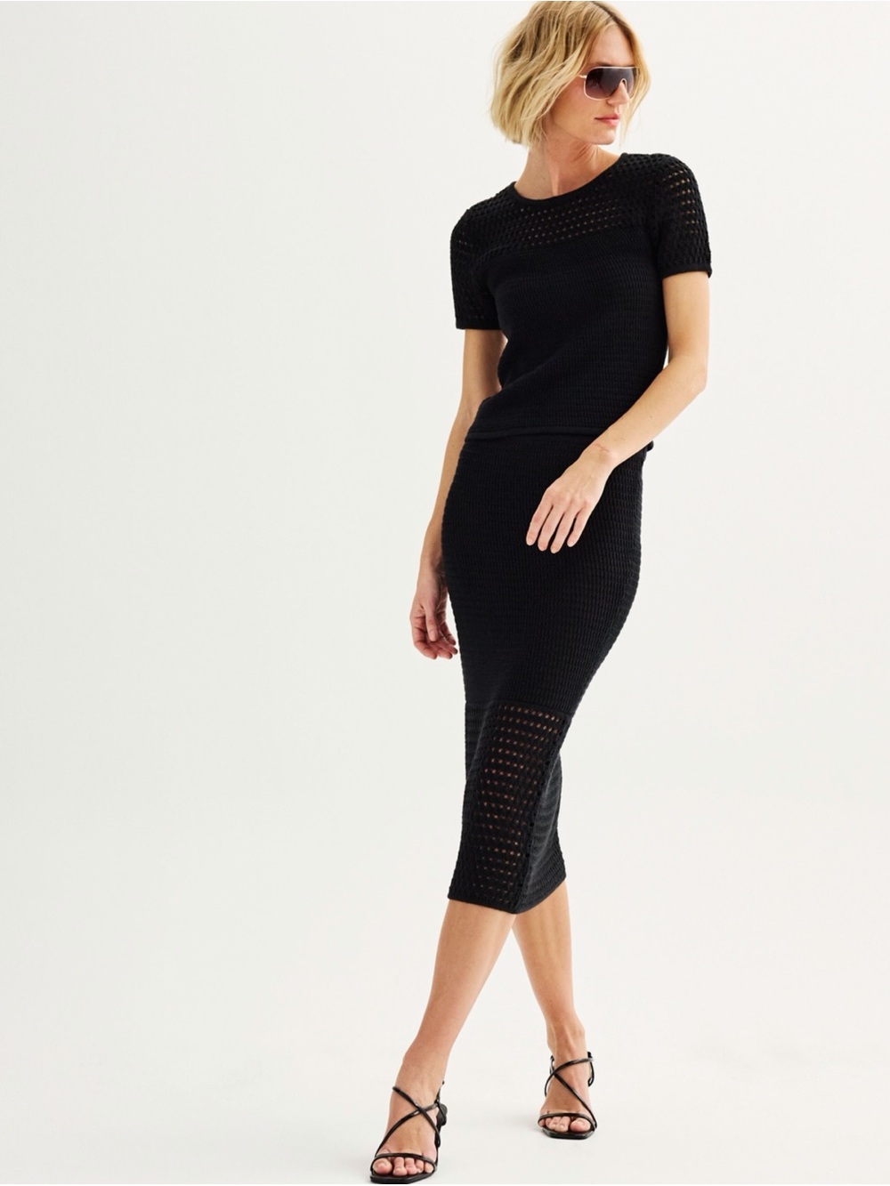 Nine West Black Open-Knit Short Sleeve Top & Midi Skirt Set